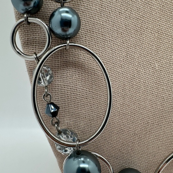 Lia Sophia silver tone and grey faux pearl extra long necklace - Picture 2 of 5